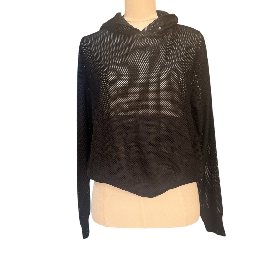 Forever 21 Black Mesh Hoodie | Sheer Long Sleeve Athleisure Pullover Top Size L